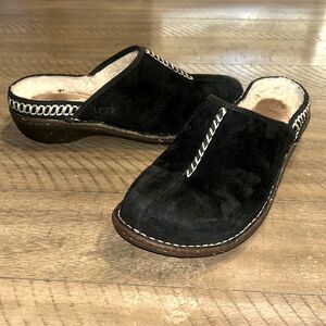 UGG Black Suede Mules with Cream Stitching